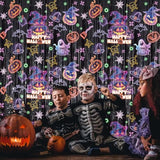 2 Pack Halloween Foil Fringe Curtains Backdrop with Pumpkin Ghost Bat Decorations