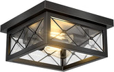 2 Light Farmhouse Flush Mount Ceiling Light Black Metal Cage with Clear Glass