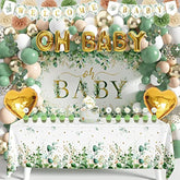 Sage Green Baby Shower Decoration For Girl Boy 99Pcs, Boho Greency Neutral Party Supplies With Oh Baby Backdrop Tablecloth Balloon Garland Kit For Woodland Safari Gender Reveal Party Decor