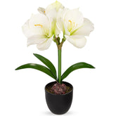 White Amaryllis Fake Flowers 17.3'' Tall Silk Amaryllis Plant In Black Pot Artificial Floral Arrangement With Decorative Bulb For Home Office Bathroom Kitchen Table Holiday Décor