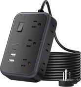 25FT Extension Cord Power Strip 6 Outlets 4 USB Ports 2 USB C Wall Mount Black