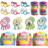144 Pcs Birthday Classroom Party Supplies 36 Birthday Crowns For Kids 36 Funny Sunglasses Paper Sunglasses 36 Badge Stickers 36 Silicone Stretch Wristbands(Cute Color)