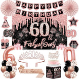 60Th Birthday Decorations For Women,32Pcs 60Th Birthday Party Decorations,Including Backdrop, Crown, Sash, Banner, Hanging Swirl,Cake Topper,Balloons,Paper Fans,Anniversary Card And Paper Fans
