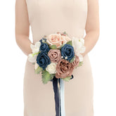 Dusty Rose & Blue Artificial Wedding Flower Bouquets For Bridesmaids Navy Blue Floral Bouquet Blue Bridesmaid Bouquets With Ribbon Ceremony Anniversary,7-Inch Diameter