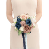 Dusty Rose & Blue Artificial Wedding Flower Bouquets For Bridesmaids Navy Blue Floral Bouquet Blue Bridesmaid Bouquets With Ribbon Ceremony Anniversary,7-Inch Diameter