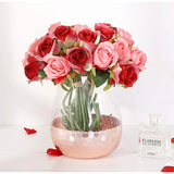 Artificial Roses Flowers 12 Heads Arrangement Silk Bouquet For Home Office Parties Bridal And Wedding Decoration (Red With Pink)