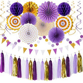 Purple-Gold Graduation Party-Decoration - 33Pcs Kits Banner, Streamers Tassel Garland,Tissue Pom Poms Honeycomb, Paper Lantern Fans,Wedding Girl Birthday Baby Bridal Shower Decor