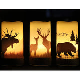 Flameless Flickering Led Candles With Hemp Rope And 6H Timer, Battery Operated Set Of 3 Real Wax Pillar Rustic Candles Warm Light With Deer, Moose, Bear Decals Decor Christmas Home(D3 X H6)
