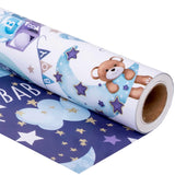 Reverible Baby Boy Wrapping Paper Roll For Boys Kids Infant - Baby Blue Gift Wrap Sheets With Bear Balloon Moon Star Patterns For Neutral Baby Shower Birthday - Total 28.5Sq.Ft