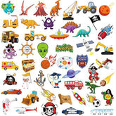 Kids Temporary Tattoos(100Pcs), Solar System Outer Space/Pirate/Construction Zone Tractor Truck/Dinosaur Shark Face Tattoo For Boys Goody Filler Birthday Party Favor Supplies