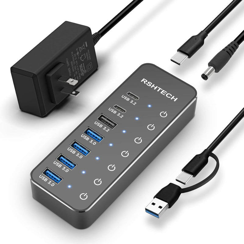 7-Port Powered Usb 3.2/Usb C Hub With 10Gbps Usb-A 3.2, 2 Usb-C 3.2, 4 Usb 3.0