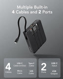 10000mAh Portable Power Bank 22.5W Fast Charging with Built In Cables LED Display Black
