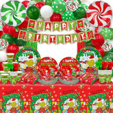 182Pcs Christmas Birthday Banner And Decorations - Green Monster Christmas Birthday Party Supplies With Bnaner, Paper Plates, Balloons, Tablecloth, Napkins, Forks Cups And Foil Curtains