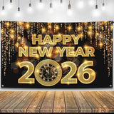 Extra Large 72x44 Inch Happy New Year 2026 Banner Gold & Black NYE Backdrop