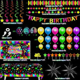 Neon Birthday Party Decoration Glow In The Dark Party Supplies Happy Birthday Backdrop Banner Neon Fluorescent Balloons Garland Arch Star Hanging Swirl Black Light Reactive Glow Tape Neon Streamer