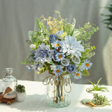 Silk Dahlia Artificial Flower With Vase, Fake Faux Rose Flowers Bouquets In Vase For Home Office Table Decoration (Dahlia-Blue)