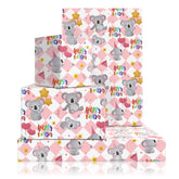Koala Wrapping Paper For Happy Birthday Party, Lovely Koala With Heart Balloons Star Printed On Pink White Checkered Background Gift Wrap Paper - 4 Sheets Folded Flat - For Birthday, Holiday, Wedding