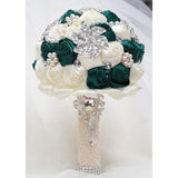 7.9 Inch Handmade Satin Rose Bridal Bouquet Toss Round Wedding Bouquet Throw Toss Artificial Flower Bunch Deep Green + Ivory