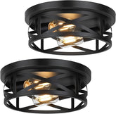2 Pack Farmhouse Black Ceiling Lights Adjustable Metal Cage Flush Mount Fixtures