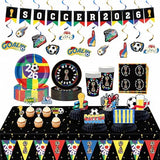 Soccer Party Decorations Set, Soccer Supplies Kit with Plates, Cups, Napkins, Tablecloth, Banner, Swirls, Honeycomb Centerpieces and Cake Toppers for Watch Parties, Game Day, Soccer Fans