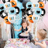 50Pcs Blue Halloween Balloon Decor Boy Halloween Blue Orange Black White Latex Balloon With Cute Ghost Wizard Hat Bat Printed For Halloween Baby Shower Happy Boo Day Spooky One Birthday Party Supplies