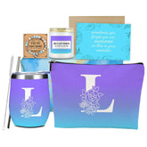 Blue Initial L Monogrammed Personalized Gifts Birthday Gifts For Women Mom Bestie Friend Sister Wife Christmas Valentine'S Day Wine Glass Housewarming Makeup Bag Wine Tumbler Candle Bracelet Set
