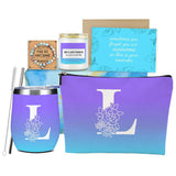 Blue Initial L Monogrammed Personalized Gifts Birthday Gifts For Women Mom Bestie Friend Sister Wife Christmas Valentine'S Day Wine Glass Housewarming Makeup Bag Wine Tumbler Candle Bracelet Set