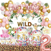 231 Pcs Two Wild Birthday Decorations Girl, Jungle Safari Animal Theme 2Nd Party Supplies Backdrop Balloon Garland Leaves Banner Tablecloth Cake Topper Plate Napkin Cup Straw Knife Fork Spoon