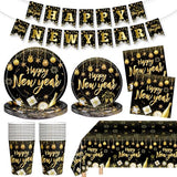 82 Pcs New Years Eve Party Supplies 2026 Set - Black Gold Happy New Year Decorations Kit, Including New Year Plates Napkins Cups Tablecloth and Banner for 2026 Happy New Years Party Decor Supply Favor