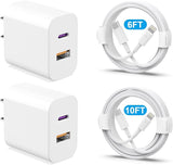 2 Pack 20W Dual Port USB C Fast Charger with 6FT and 10FT Lightning Charging Cables for iPhone 14 13 12