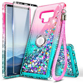 Case For Samsung Galaxy Note 9 With Screen Protector (Maximum Coverage, Flexible Tpu Film), Ring Holder/Wrist Strap, Sparkle Glitter Flowing Liquid, Women Girls Kids Cute Case -Pink/Aqua