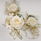 2Pc Pack-Handmade Artificial Flower Rose With Gold Leaves Ribbons Artificial Pearls Wrist Corsage Hand Flower With Elastic Wristband For Girl Bridesmaid Wedding Party Prom (Wrist Corsage)