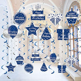 16PCS Blue Silver Hanging Birthday Swirls for Men Boys Party Ceiling Décor
