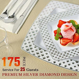175PCS Silver Square Dinnerware Set β Plates, Cups, Napkins, Cutlery for 25