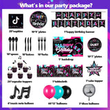 Music Party Supplies Kit – Disco Theme Decor with Balloons, Backdrop, Banners & Tableware Set