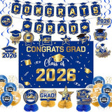 Graduation Decorations 2026 Blue Gold Themed Set - Congrats Grad Banner, Class of 2026 Backdrop, Balloons & Streamers Kit - Complete Party Supplies for High School & College Celebrations