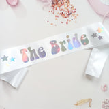 The Bride Iridescent Sash, 70S Retro Hippie Disco Themed Bachelorette Bridal Shower Engagement Party Décor, Miss To Mrs, Future Wifey, Feyonce, Future Mrs Sash