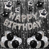 Silver And Black Happy Birthday Decorations For Boys Men Girls Women, Foil Happy Birthday Banner, Fringe Curtains, Star Balloons For Him Her 13Th 16Th 18Th 20Th 21St 25Th 30Th 40Th 50Th 60Th Birthday