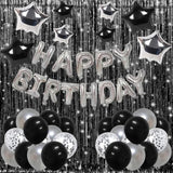 Silver And Black Happy Birthday Decorations For Boys Men Girls Women, Foil Happy Birthday Banner, Fringe Curtains, Star Balloons For Him Her 13Th 16Th 18Th 20Th 21St 25Th 30Th 40Th 50Th 60Th Birthday