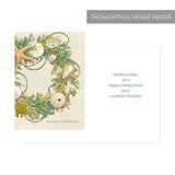 Masterpiece Shell Wreath Christmas Cards / 16 Boxed Holiday Vacation Cards Set With Coordinating Gold Foil Lined White Envelopes / 5 5/8" X 7 7/8" Folded Winter Greeting Cards With Gold Foil And