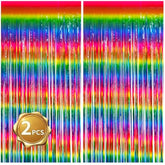 2 Pack Dark Rainbow Foil Fringe Curtain Metallic Photo Backdrop for Parties