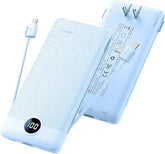10000mAh Slim USB C Power Bank with Built In Cables Wall Plug and LED Display Blue