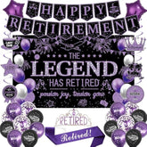 Retirement Party Decorations Women, Black And Purple Happy Retirement Banner Backdrop Balloons Hanging Swirls For Coworker, Lengend Has Retired Sash & Crown, Office Retired Background