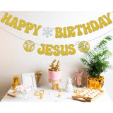 Happy Birthday Jesus Banner,Christmas Jesus Birthday Party Decorations,Merry Birthday Banner,Christmas New Year Holiday Party Decor Glitter Gold