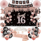16Th Birthday Decorations For Girls, 33Pcs Sweet 16 Crown And Sash, Black Rose Gold Happy 16Th Birthday Banner Balloons Backdrop Hanging Swirls Paper Fans, Sixteen Party Decorations Kit