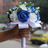 Mini Dainty Bouquet Toss For Wedding Artificial Pe Fake Rose Round Flower Bunch For Bridesmaids Flower Girls(White & Royal Blue, 6.7")