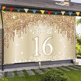 Happy Sweet 16Th Birthday Banner Backdrop Decorations For Girls, Gold