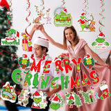 Green Monster Themed Christmas Decor - Merry Christmas Banner & Hanging Decorations For Party