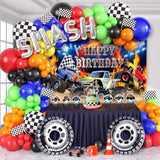 145Pcs Monster Truck Birthday Decorations Machines Jam Party Decoration With Truck Theme Balloon Garland Arch Kit Wheel Foil Balloon Backdrop Cake Topper Baby Shower Truck Birthday Supplies For Boys