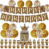 Cheetah Print Birthday Decor Leopard Safari Theme with Balloons Banner Cake Topper